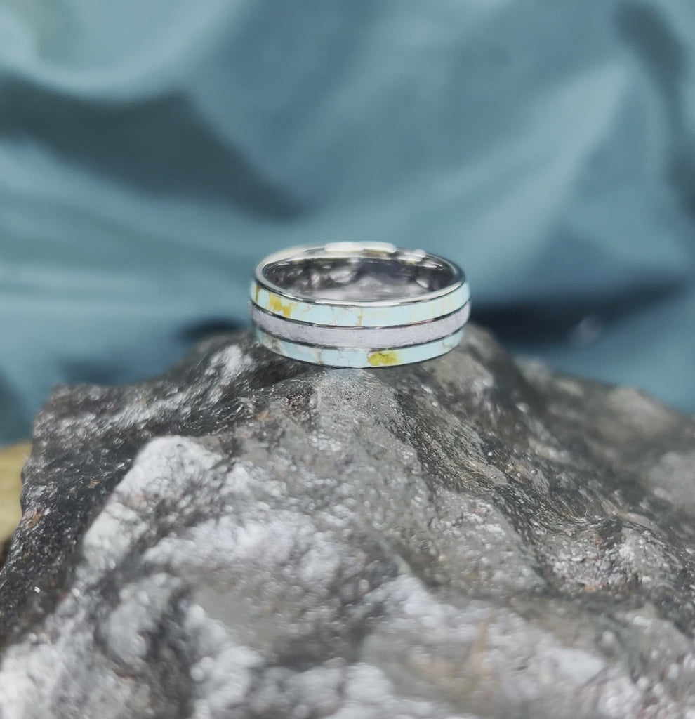 Meteorite Ring With Authentic Turquoise And Titanium Pinstripes