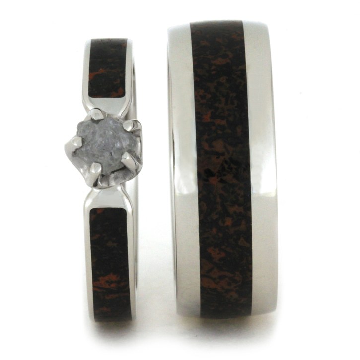 Dino Bone Wedding Ring Set With Rough Diamond Engagement Ring