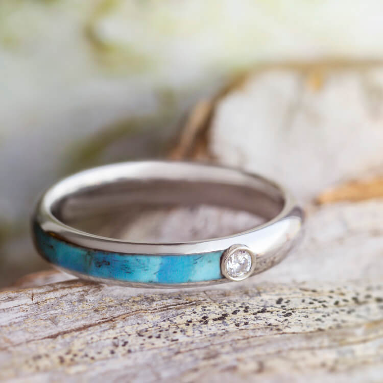 Womens Moissanite Wedding Band With Turquoise And Titanium-3479 - Jewelry by Johan