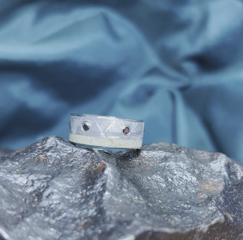 Black Diamond Men's Wedding Band, Meteorite Ring With Dinosaur Bone