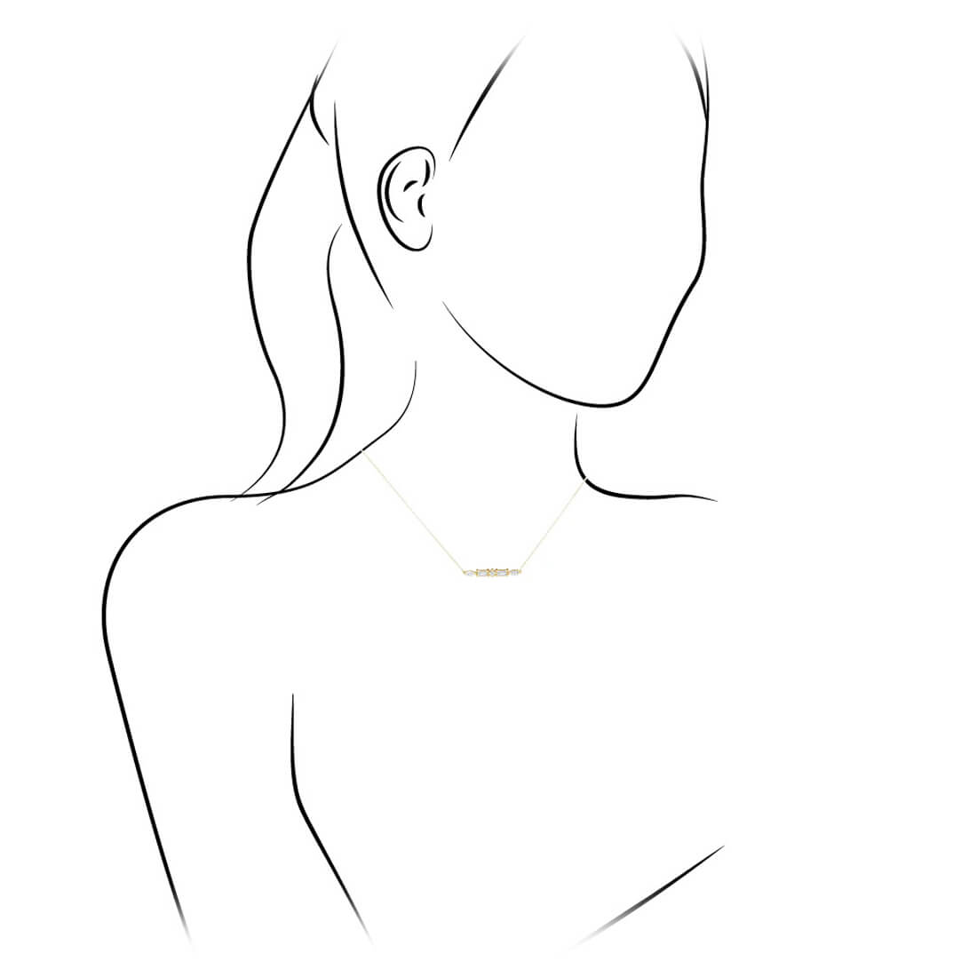 Illustration of diamond bar necklace worn on a model