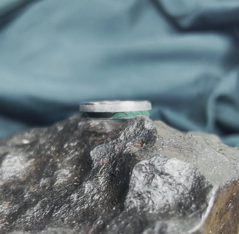 Unique Men's Wedding Band With Meteorite, Ironwood Sleeve and Malachite