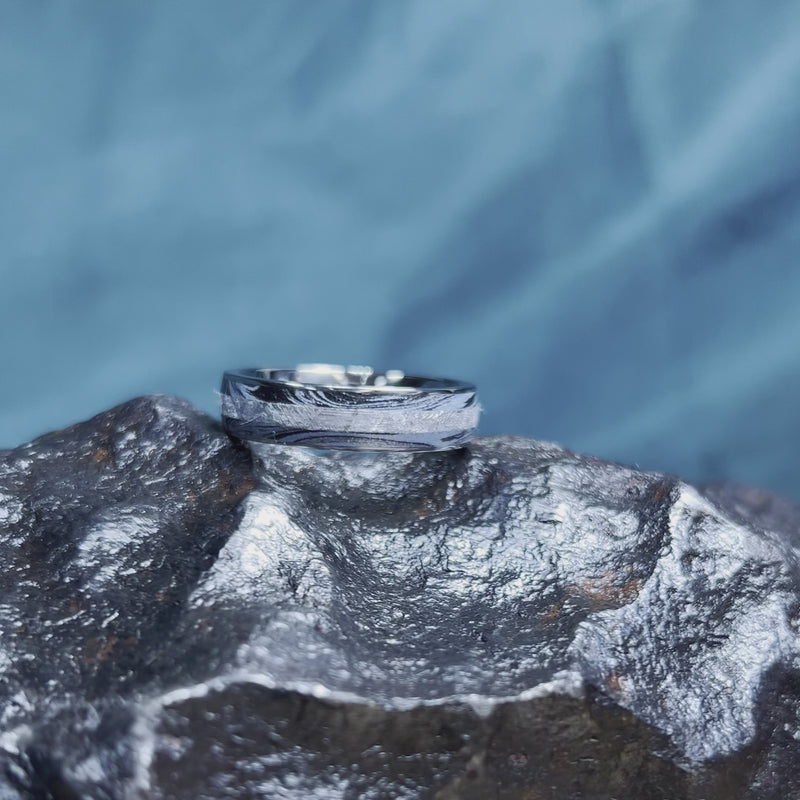 Blue Wedding Band with Gibeon Meteorite and Mokume