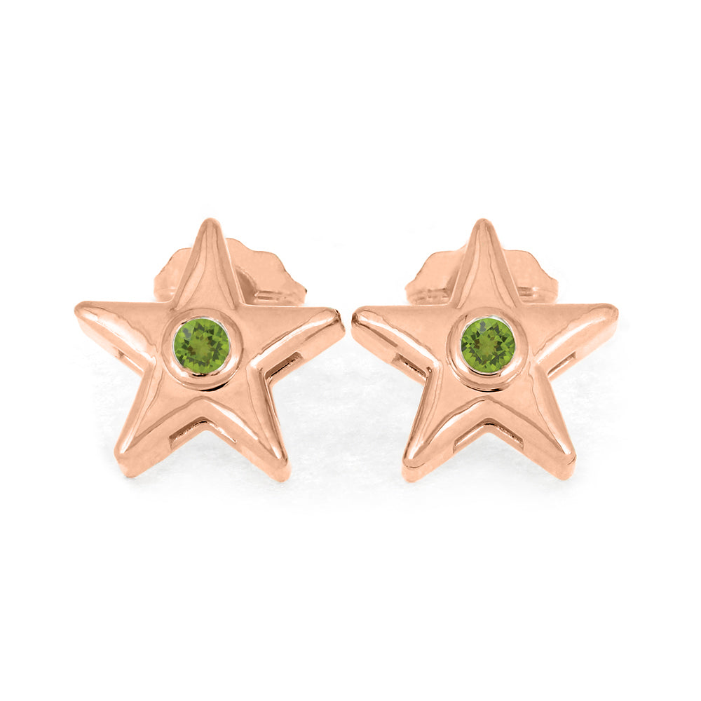 Rose gold star stud earrings with green birthstone