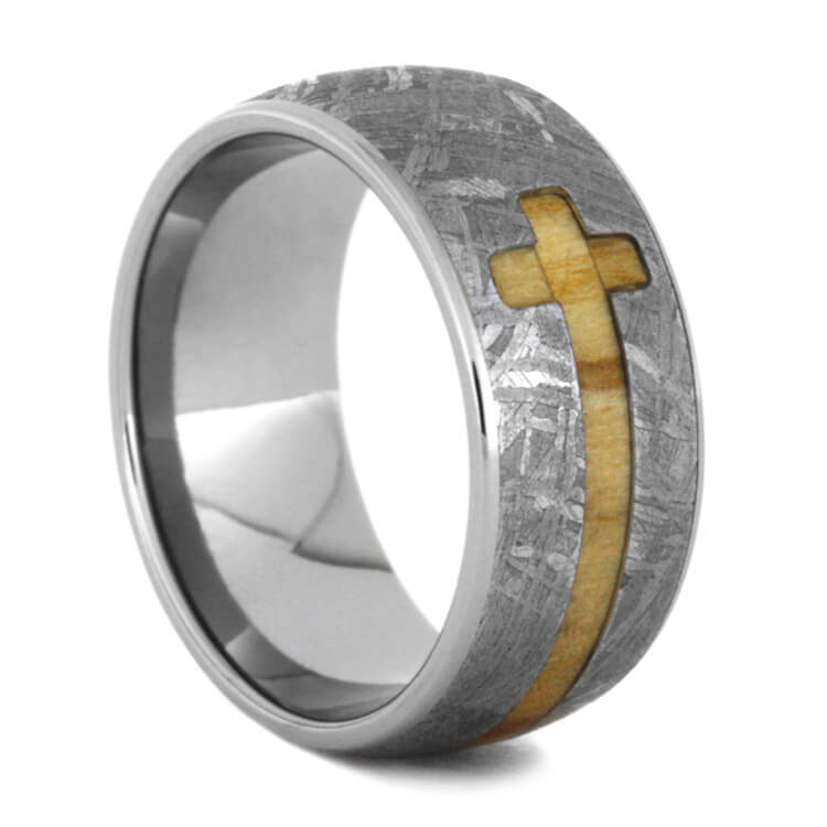 Olive Wood Cross Ring, Gibeon Meteorite Ring With Titanium-2291 - Jewelry by Johan