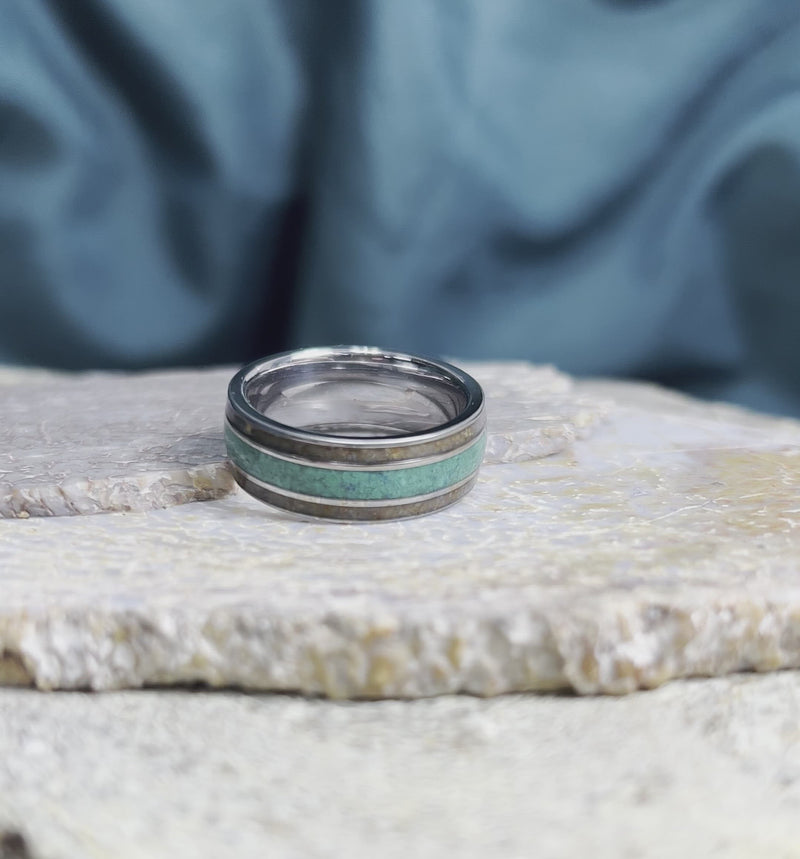 Men's Tungsten Wedding Band With Malachite And Dinosaur Bone