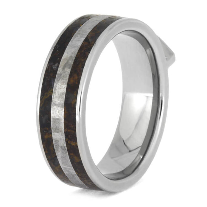 Meteor Engagement Ring With Sapphire, Titanium Ring Inlaid With Dinosaur Bone-2550 - Jewelry by Johan