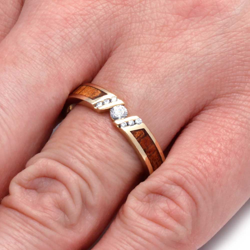 Unique Diamond Engagement Ring With Koa Wood, Yellow Gold Ring-3595 - Jewelry by Johan