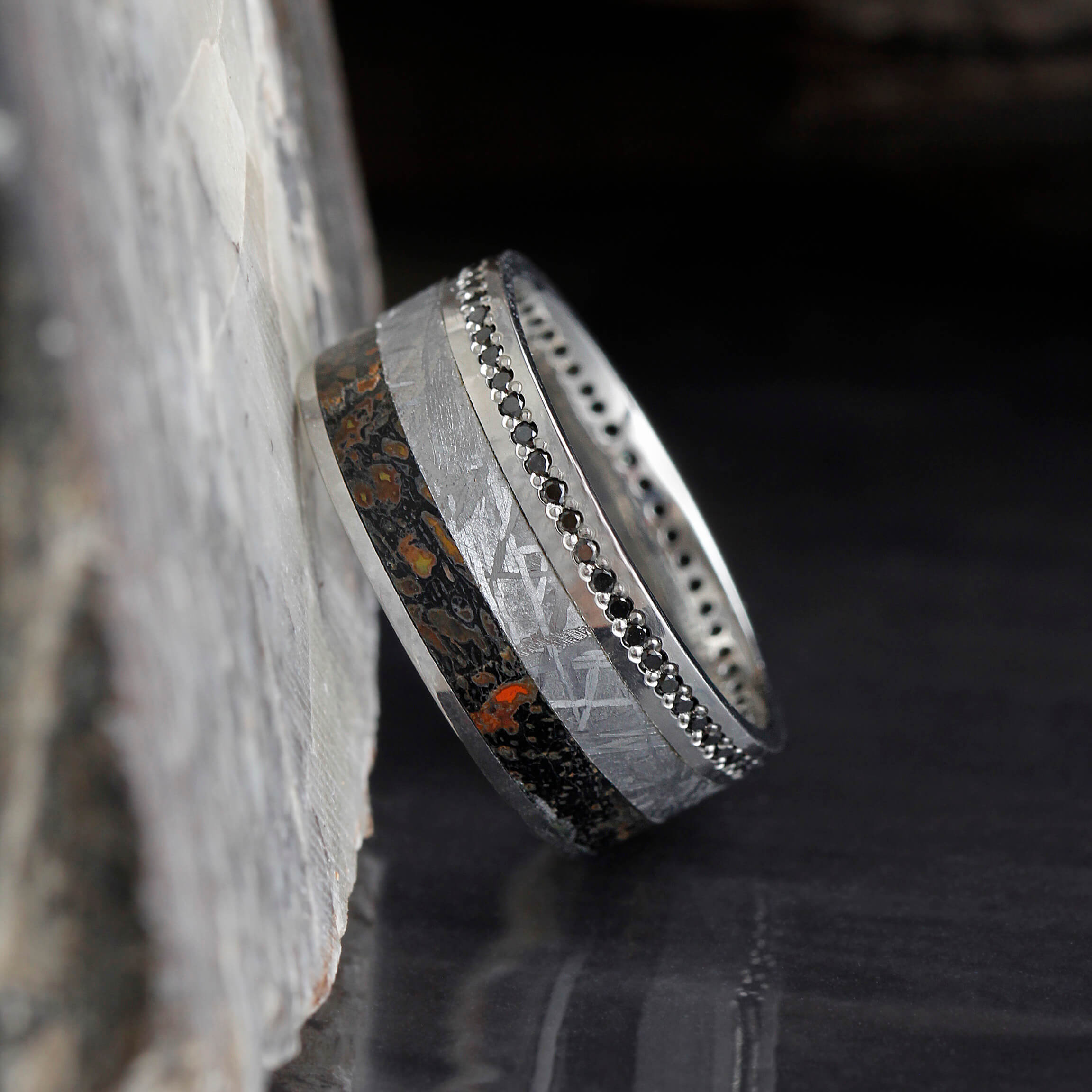 Black Diamond Eternity Wedding Band for Men with Dinosaur Bone and Meteorite-DJ1021WG - Jewelry by Johan