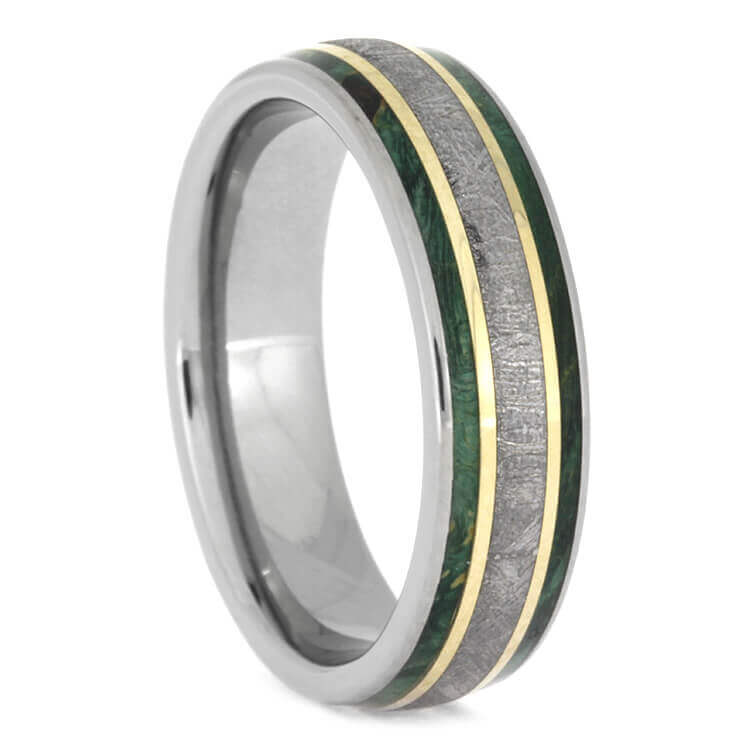 Meteorite And Green Wood Ring With Gold Pinstripes, Size 9.75-RS9863 - Jewelry by Johan