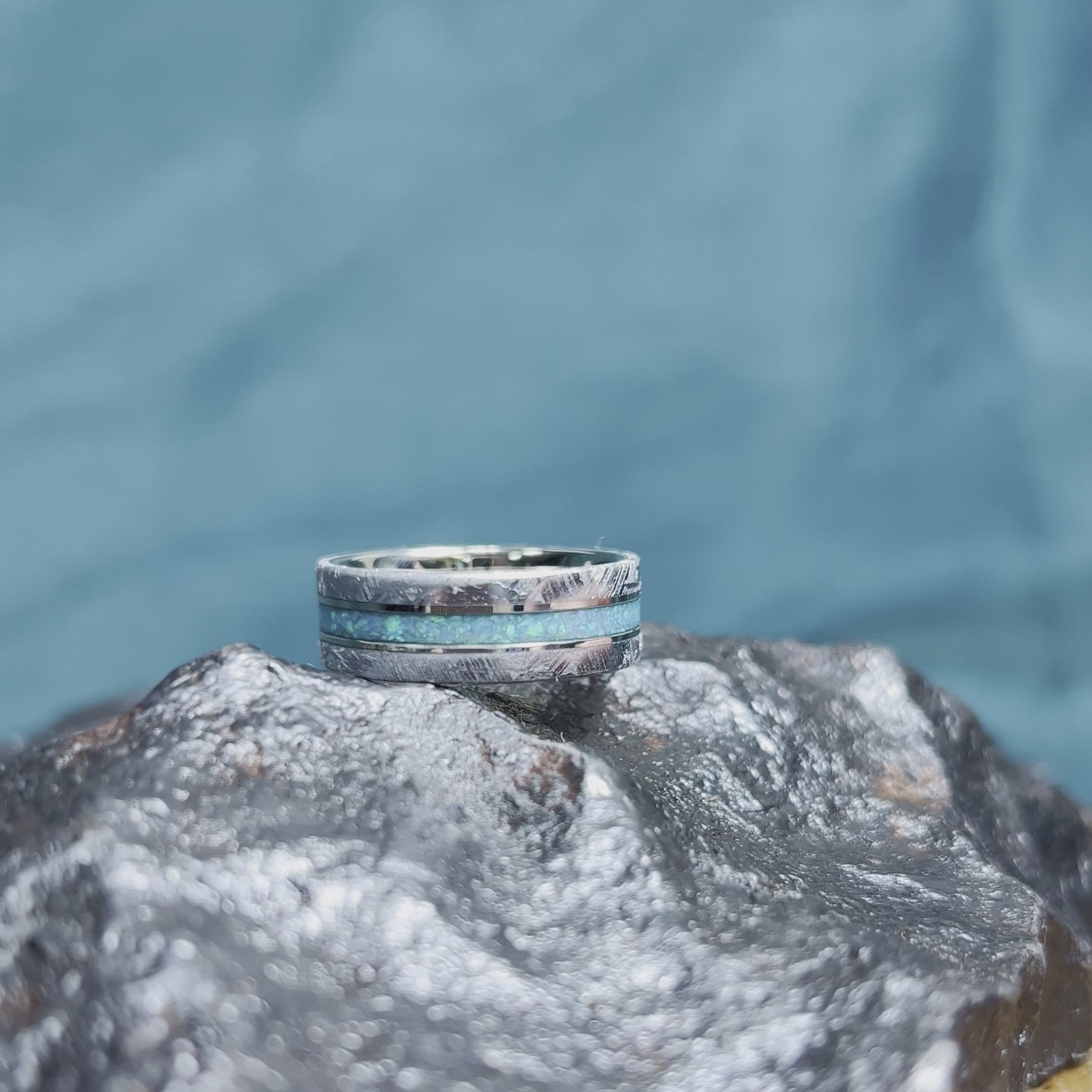 Authentic Gibeon Meteorite Wedding Band with Crushed Opal