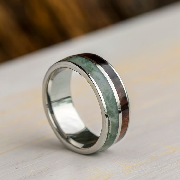 Green Jade Ring With Natural Redwood In Titanium Wedding Band-3398 - Jewelry by Johan