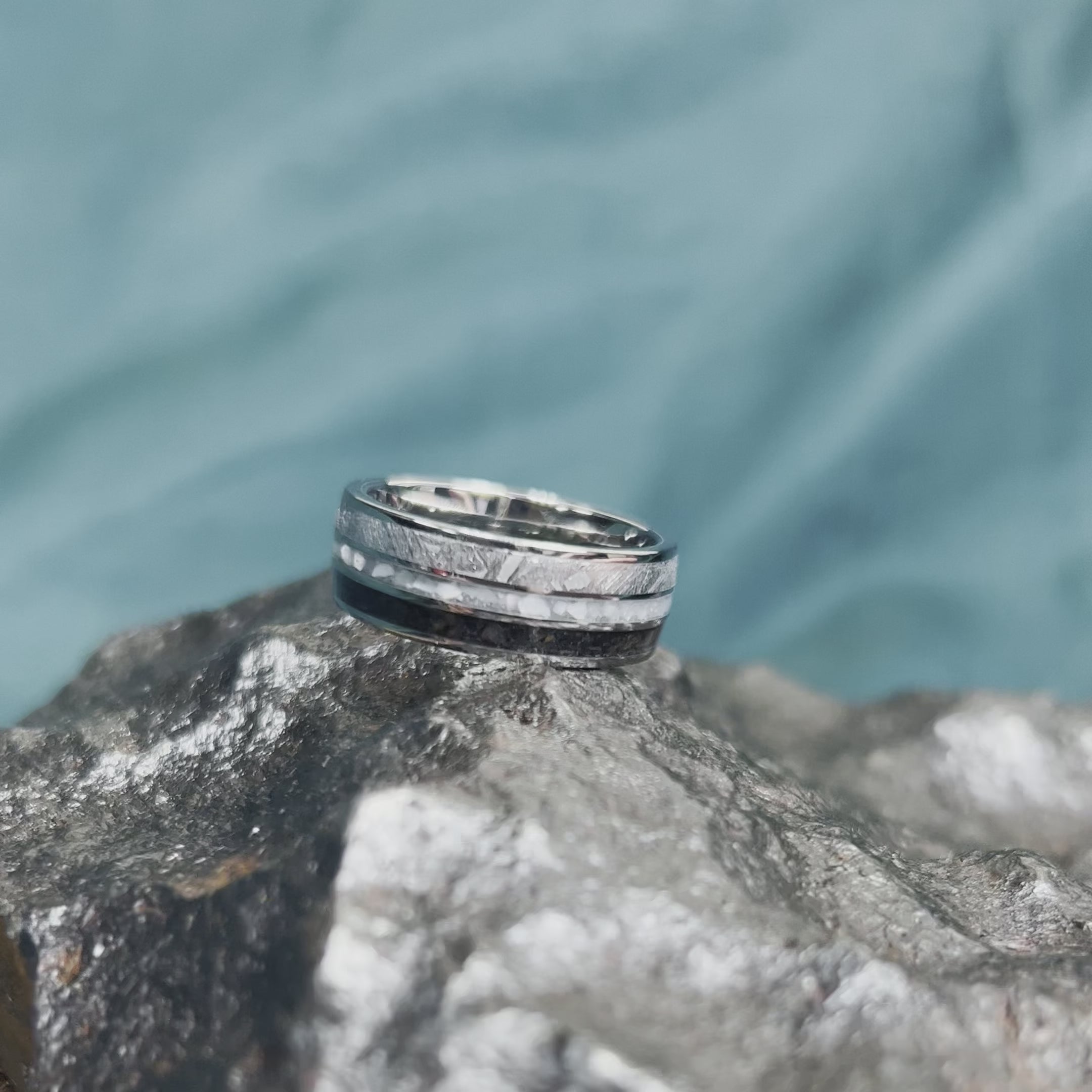 Mother of Pearl Wedding Band, Men's Meteorite Ring With Dinosaur Bone