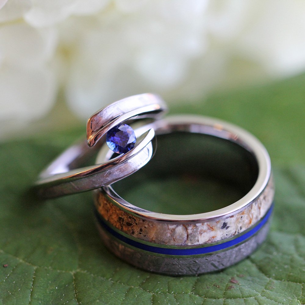 Meteorite and Dinosaur Bone Wedding Ring Set With Sapphire Engagement Ring