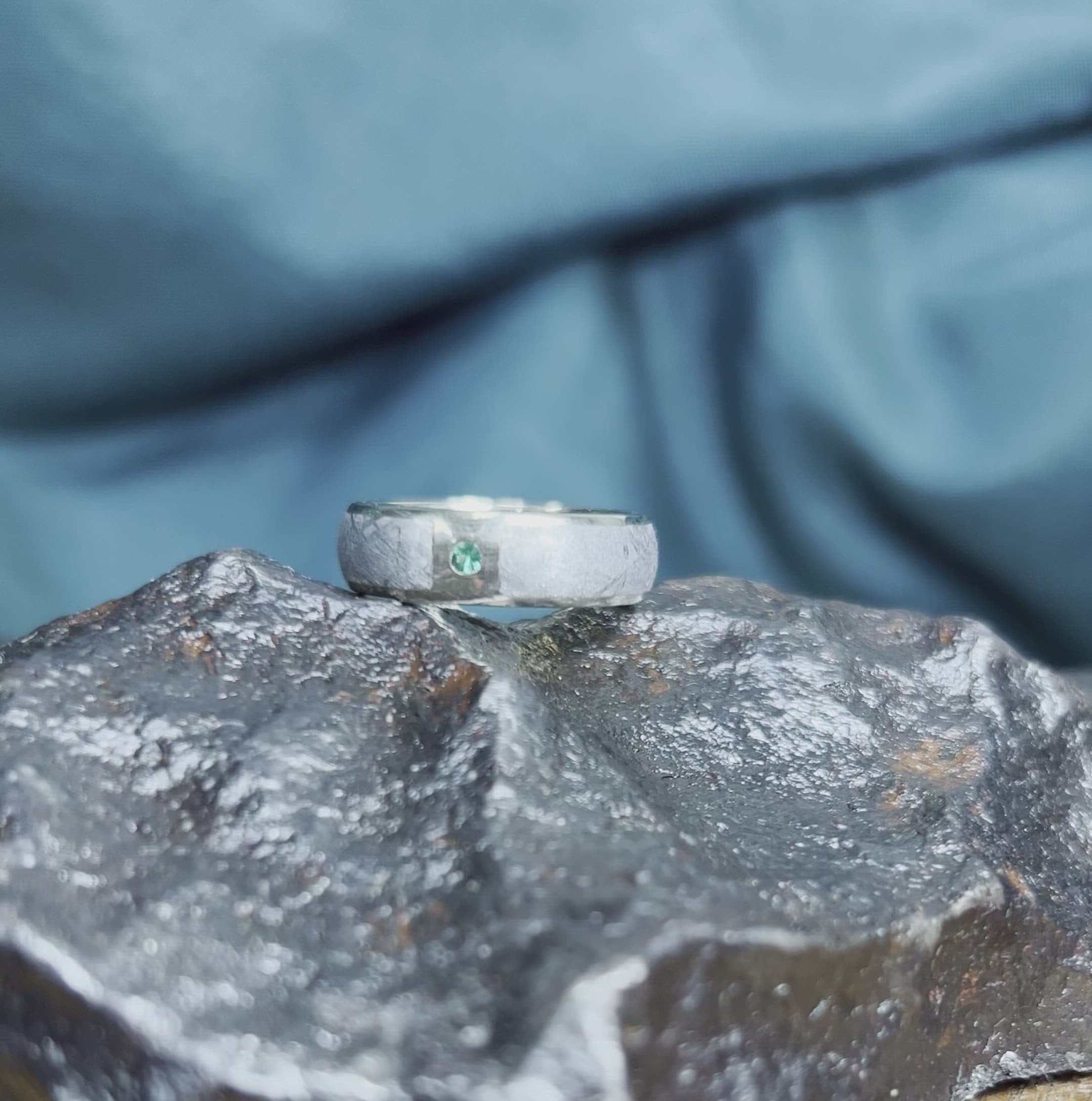 Gemstone & Meteorite Wedding Band, Three Stone Ring