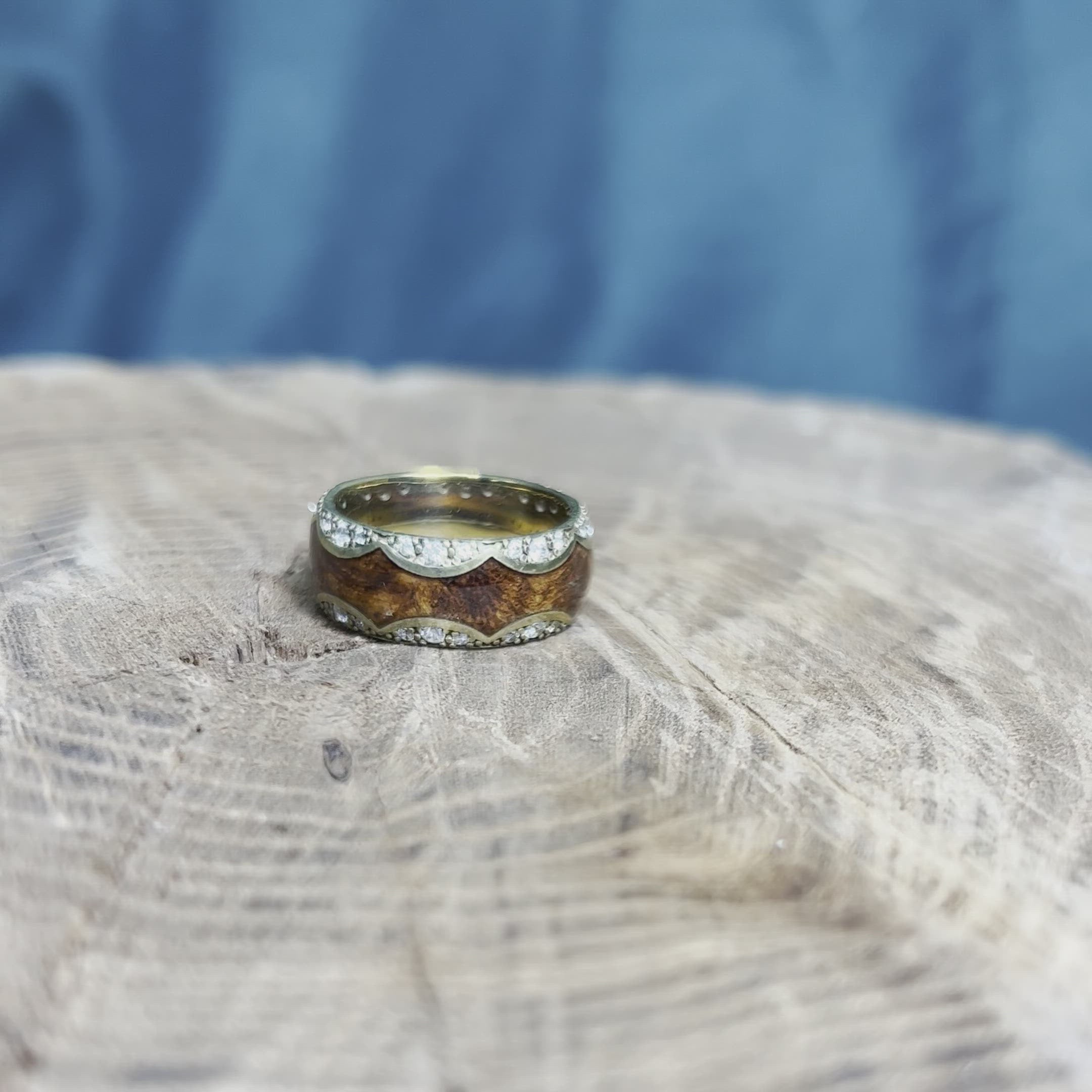 Unique Diamond Wedding Band, Gold Ring With Mesquite Burl Wood