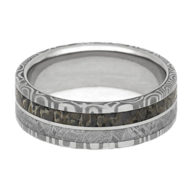 Damascus Steel Man's Ring, Meteorite And Dinosaur Bone Wedding Band-3615 - Jewelry by Johan
