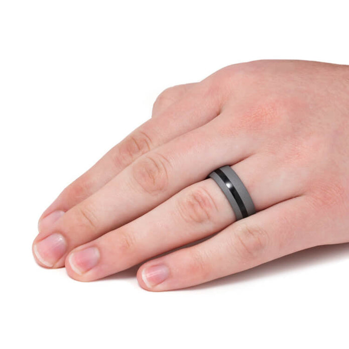 Sandblasted Titanium Ring With Ebony Wood Pinstripe-3634 - Jewelry by Johan