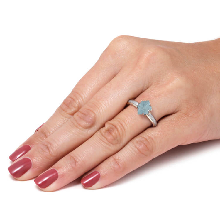 Rough Aquamarine Engagement Ring With Meteorite in White Gold-3636 - Jewelry by Johan