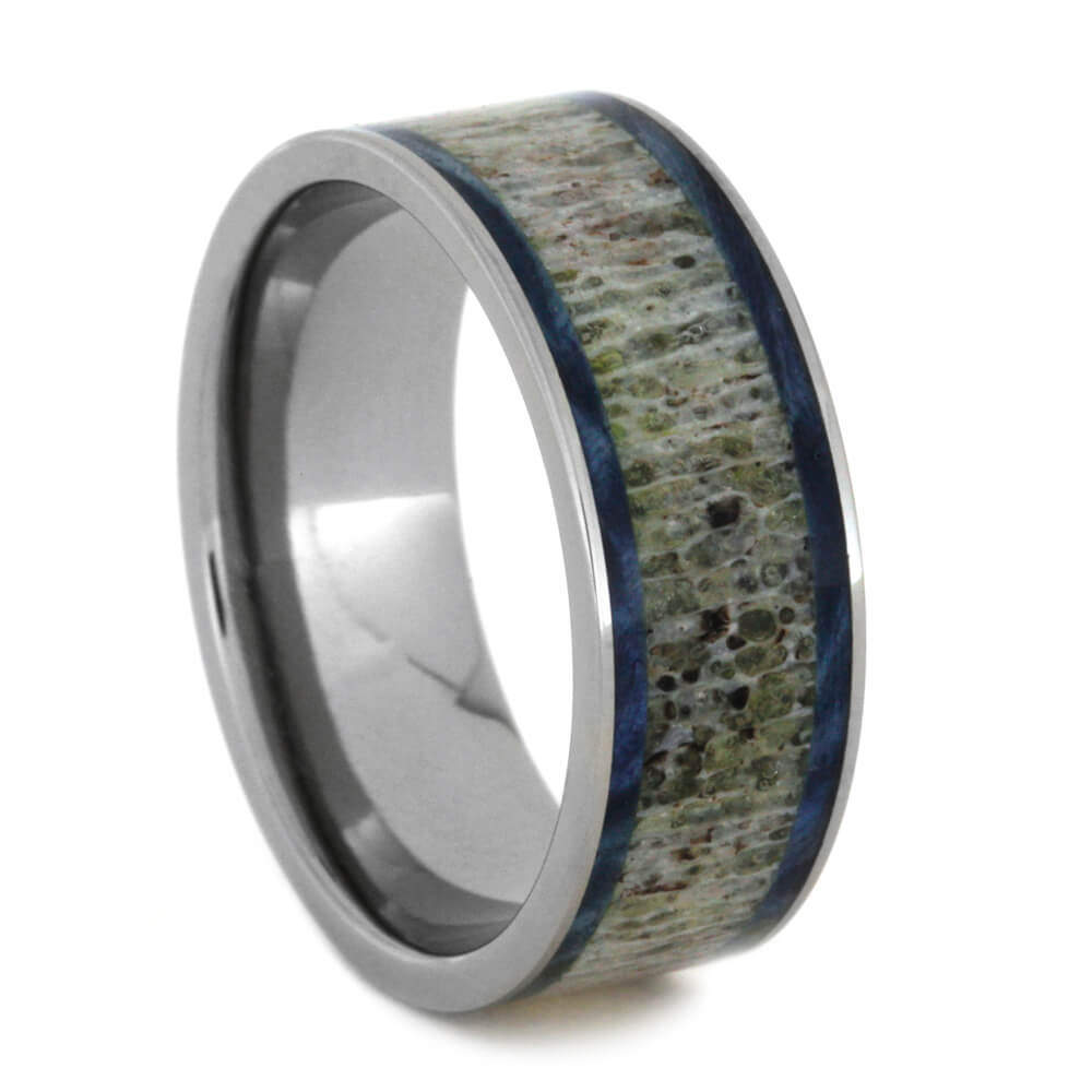 Antler Wedding Band With Blue Box Elder Burl Wood-2510 - Jewelry by Johan