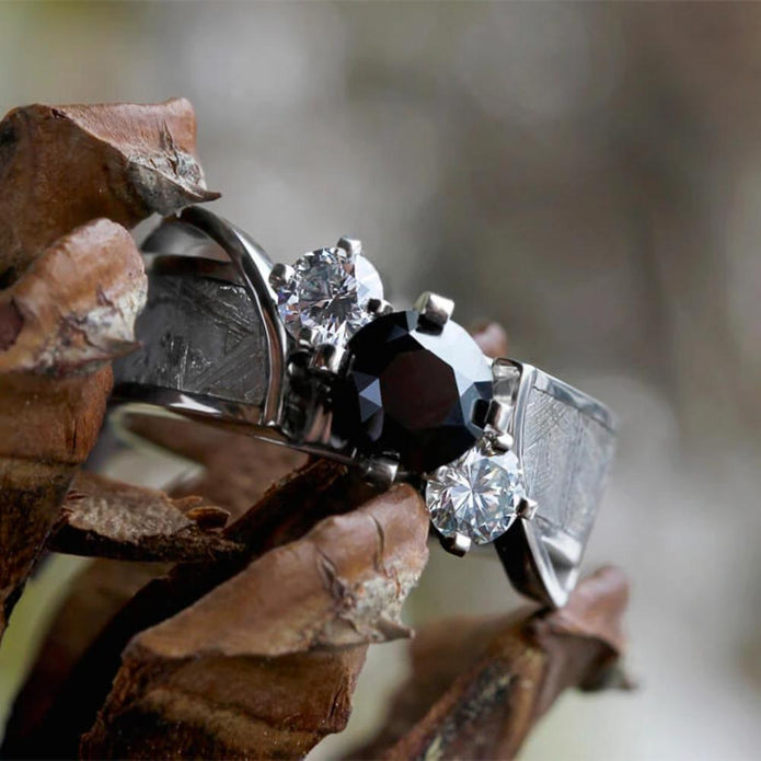Black Diamond Platinum Engagement Ring With Meteorite-2378 - Jewelry by Johan