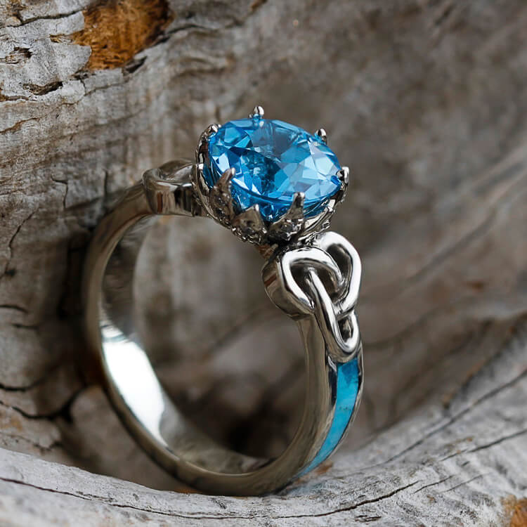 Natural London Blue Topaz Solitaire Halo Ring, 14k Solid Gold Handmade