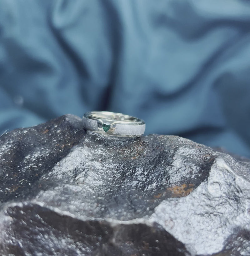 Heart Shaped Emerald and Meteorite Wedding Band