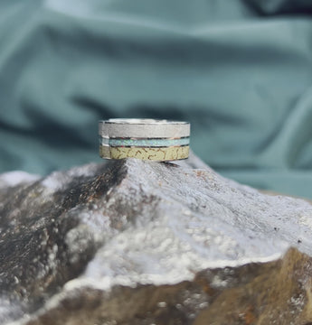 Opal Wedding Band, Meteorite And Dinosaur Bone Ring