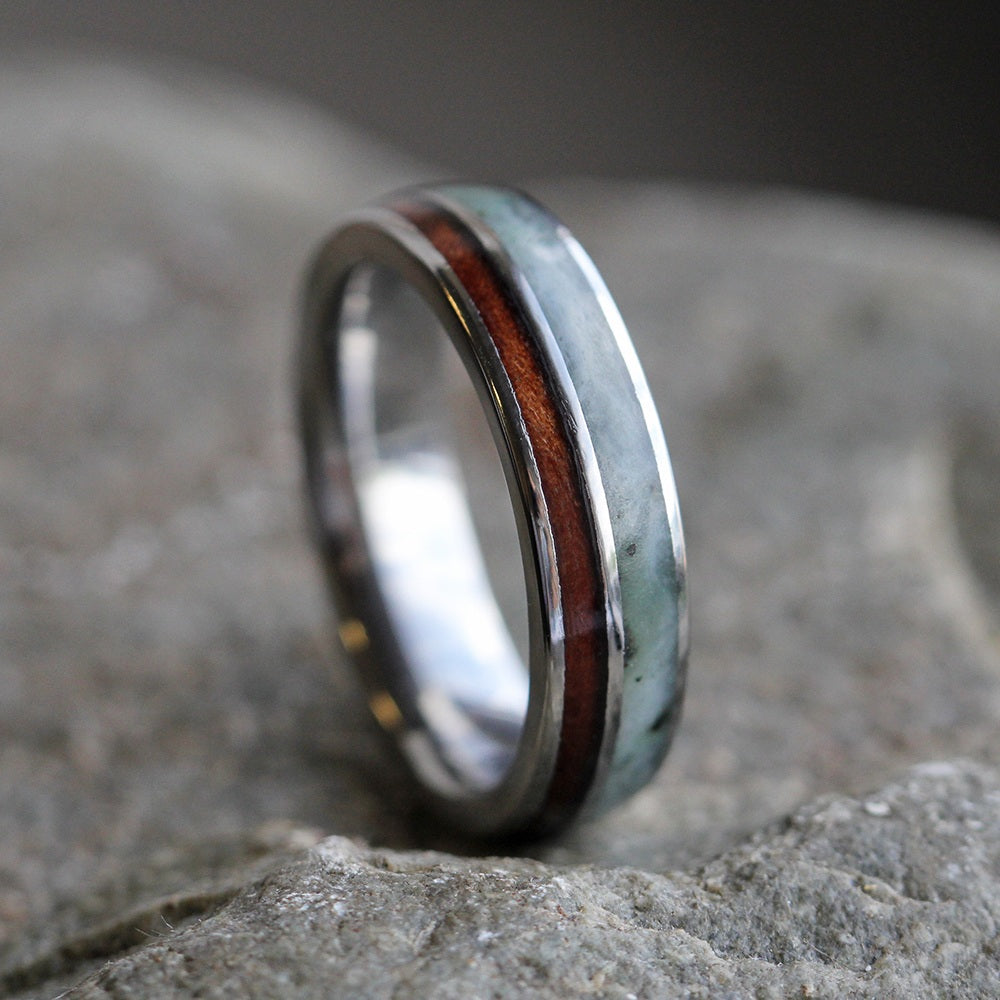 Green Jade Ring With Natural Redwood In Titanium Wedding Band-3398 - Jewelry by Johan