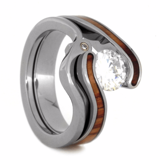 Moissanite & Wood Wedding Ring Set in Titanium
