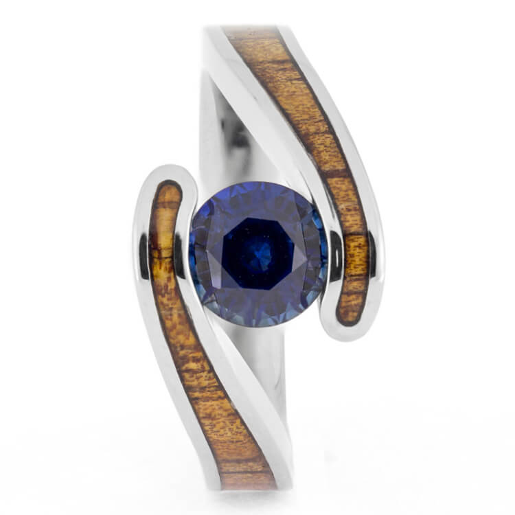 Koa Wood Engagement Ring, Sapphire In Tension Setting, Titanium Ring-2663 - Jewelry by Johan