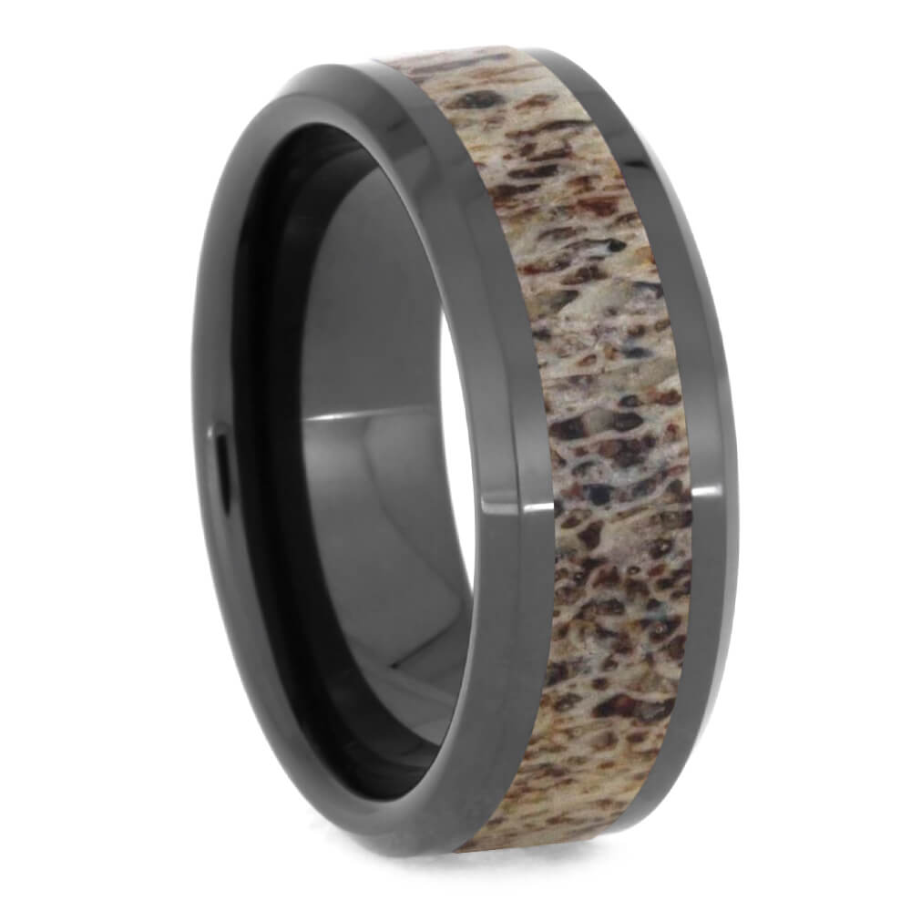 Black Ceramic Ring with Antler Inlay and Beveled Edges-1756 - Jewelry by Johan