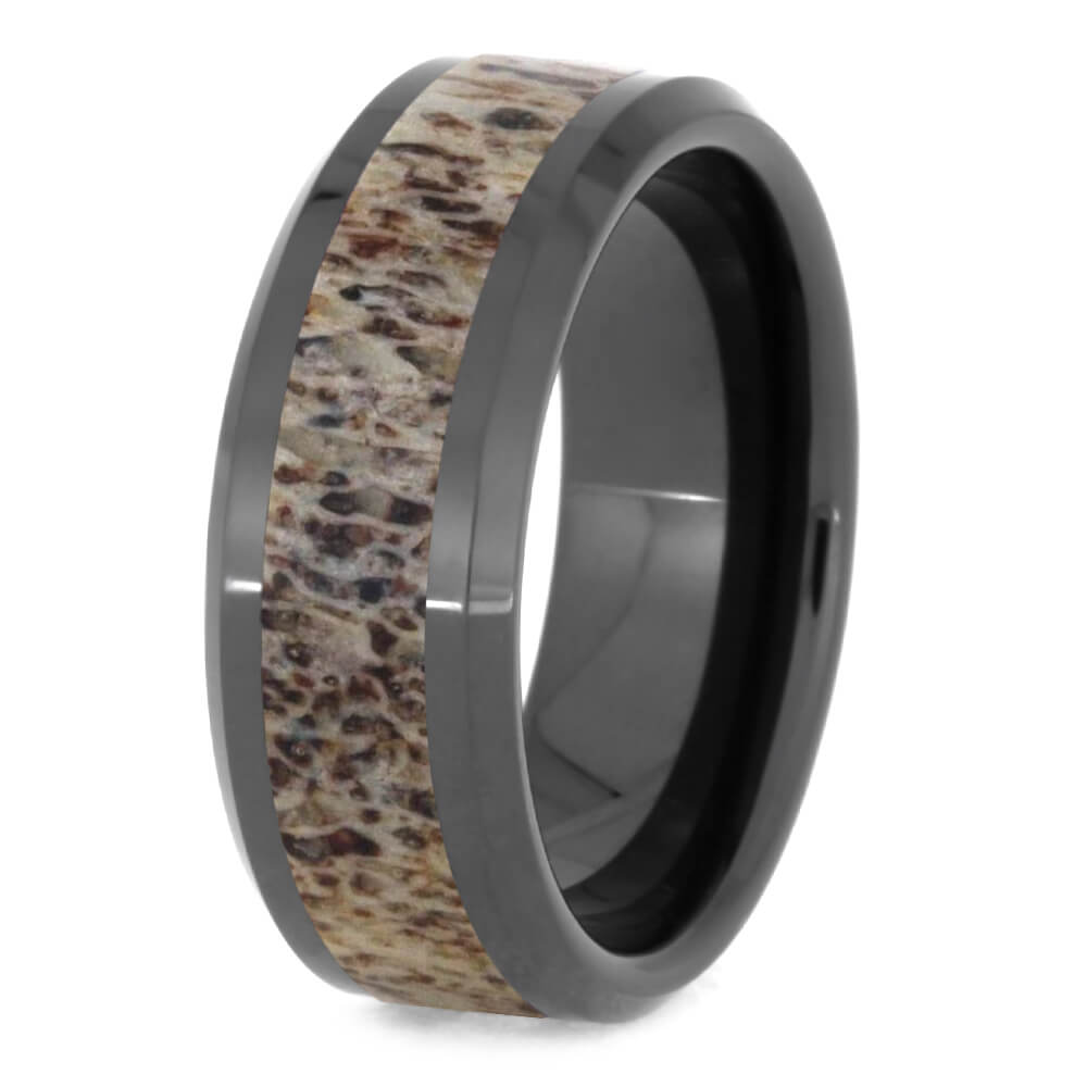 Black Ceramic Ring with Antler Inlay and Beveled Edges-1756 - Jewelry by Johan