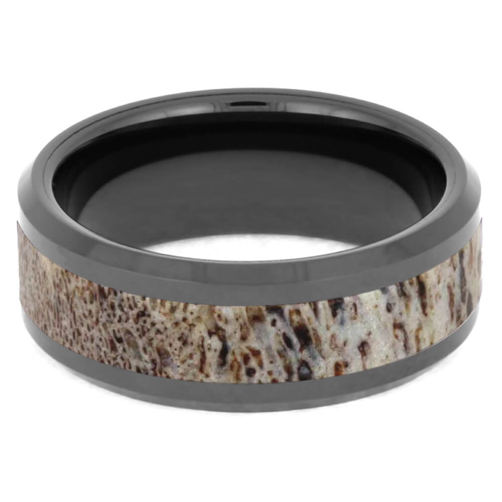 Black Ceramic Ring with Antler Inlay and Beveled Edges-1756 - Jewelry by Johan