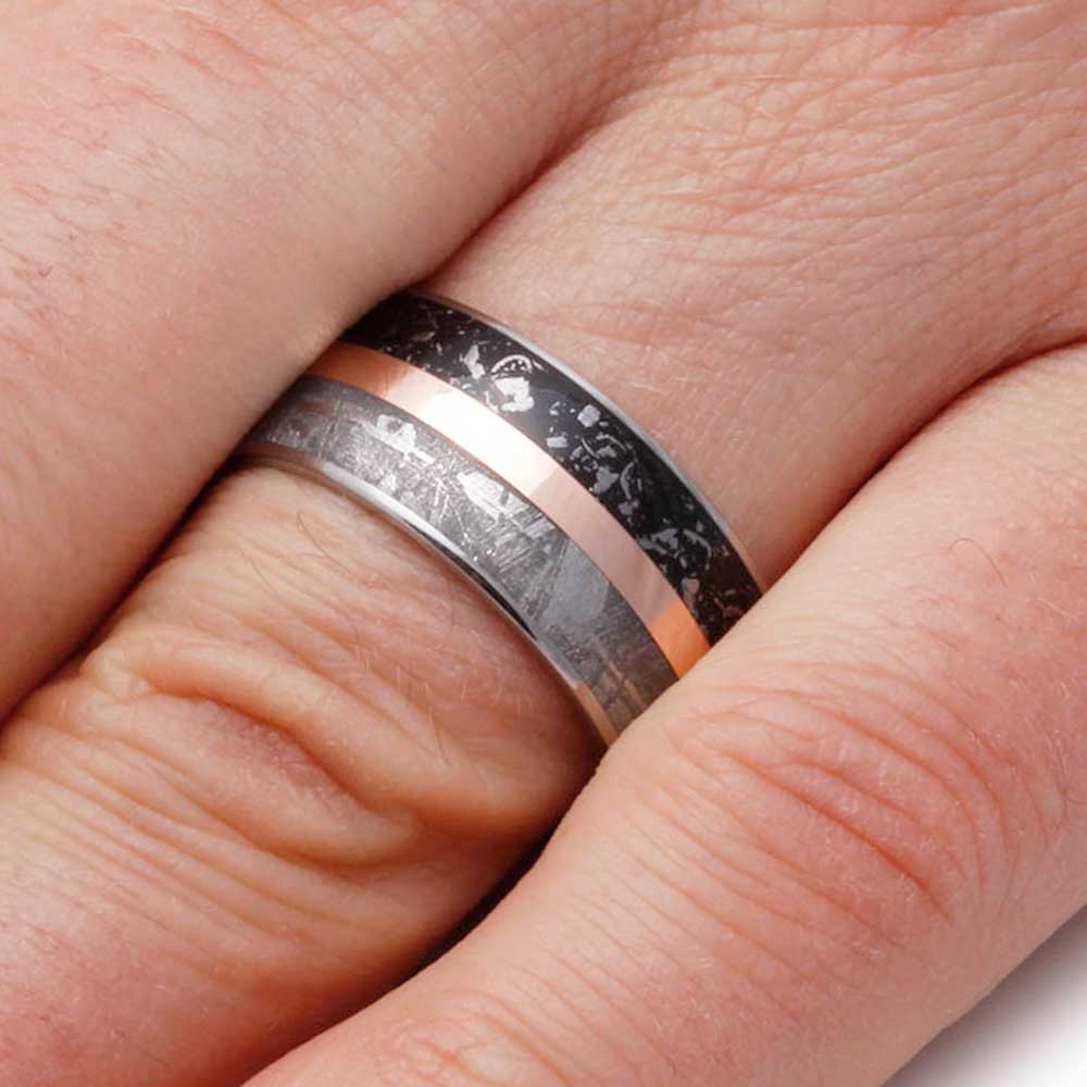 Black Stardust™ And Meteorite Wedding Band with Rose Gold Pinstripe-2827 - Jewelry by Johan