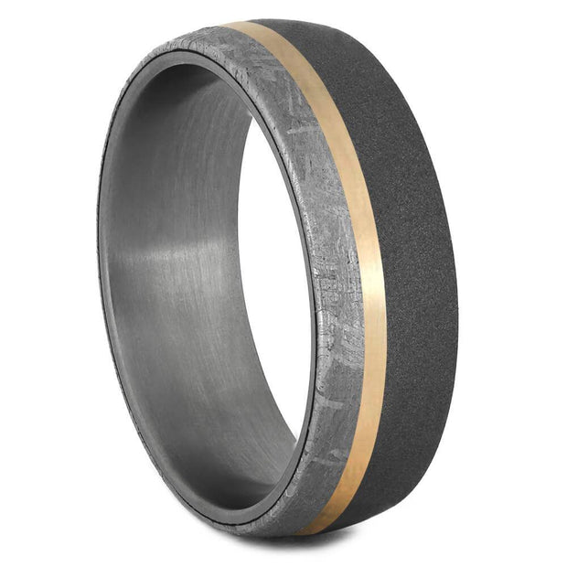 Meteorite & Sandblasted Titanium Ring With Gold Pinstripe - Jewelry by Johan