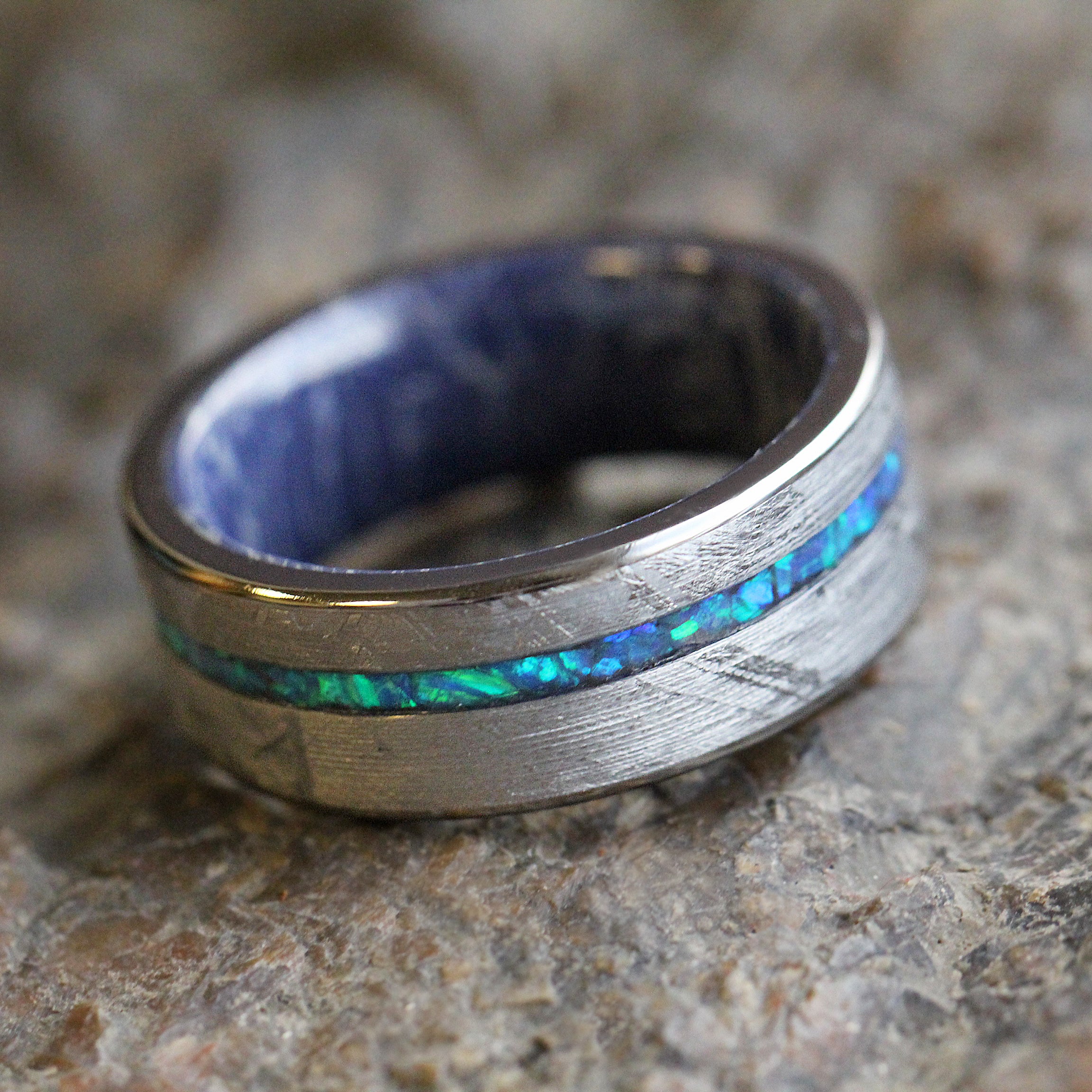 Crushed Opal Men's Wedding Band, Meteorite Ring With Mokume Sleeve-3558 - Jewelry by Johan