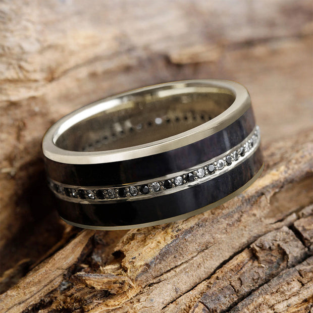 Black & White Diamond Eternity Band with Ebony Wood White Gold