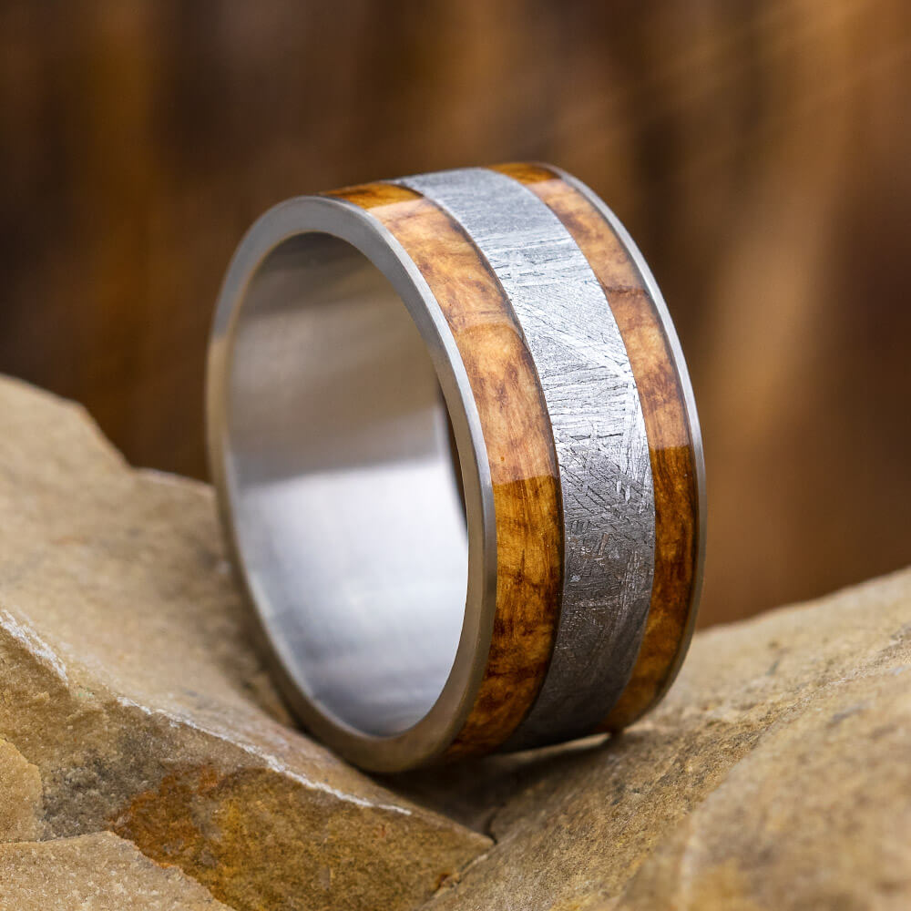 Meteorite Ring and Waterproofed Black Ash Burl Wood-1055 - Jewelry by Johan