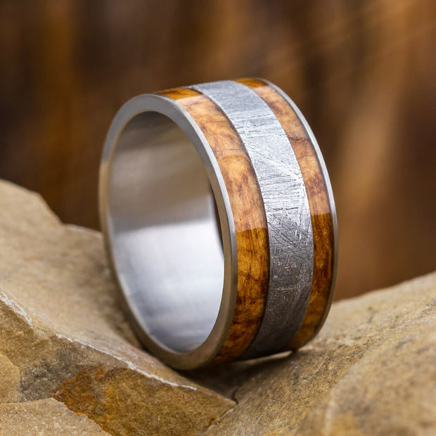 Meteorite Ring and Waterproofed Black Ash Burl Wood-1055 - Jewelry by Johan