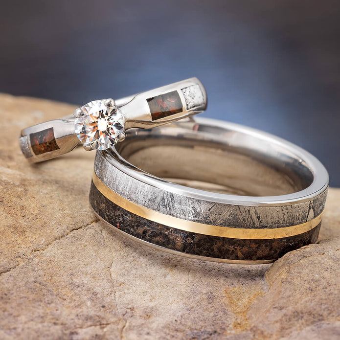 Dinosaur Bone and Meteorite Wedding Ring Set Jewelry By Johan