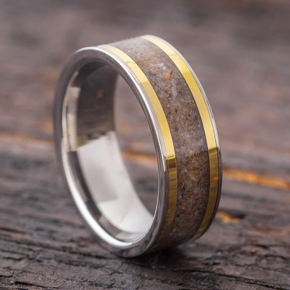 Crushed Dinosaur Bone Wedding Band With Yellow Gold Pinstripes-1614 - Jewelry by Johan