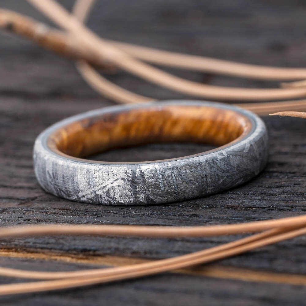 Black Ash Burl Wood Sleeve Ring With Meteorite Overlay, Wedding Band-1616 - Jewelry by Johan