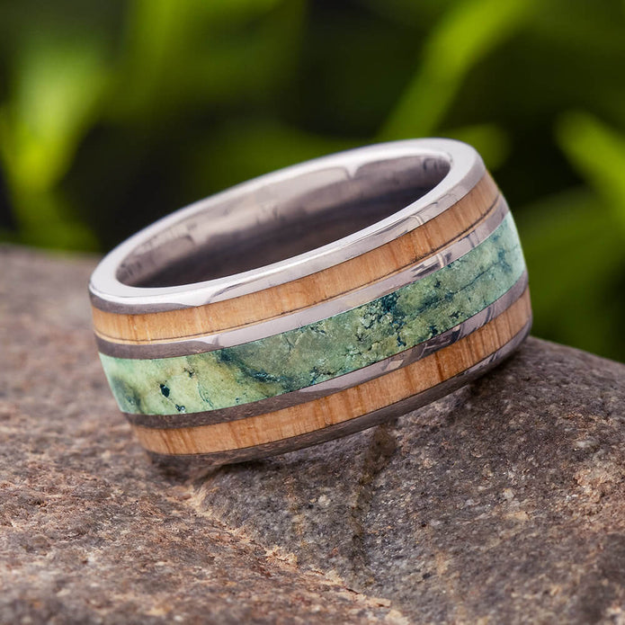 Titanium Ring with Chrysocolla and Natural Oak Wood Bands-1619 - Jewelry by Johan