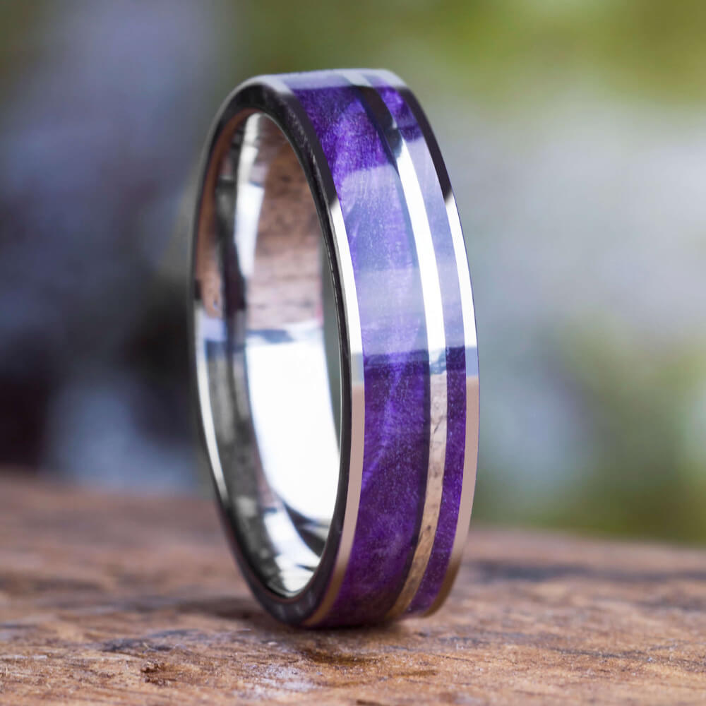 3 PCs Tungsten Meteorite Mens Wedding Band | Purple Agate Sterling Sil