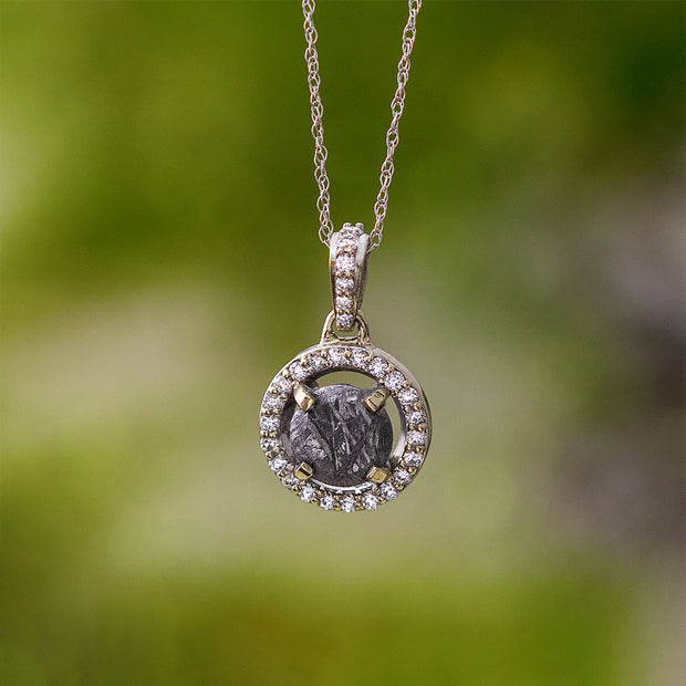 Meteorite & Diamond Halo Pendant Necklace With Accented Bail