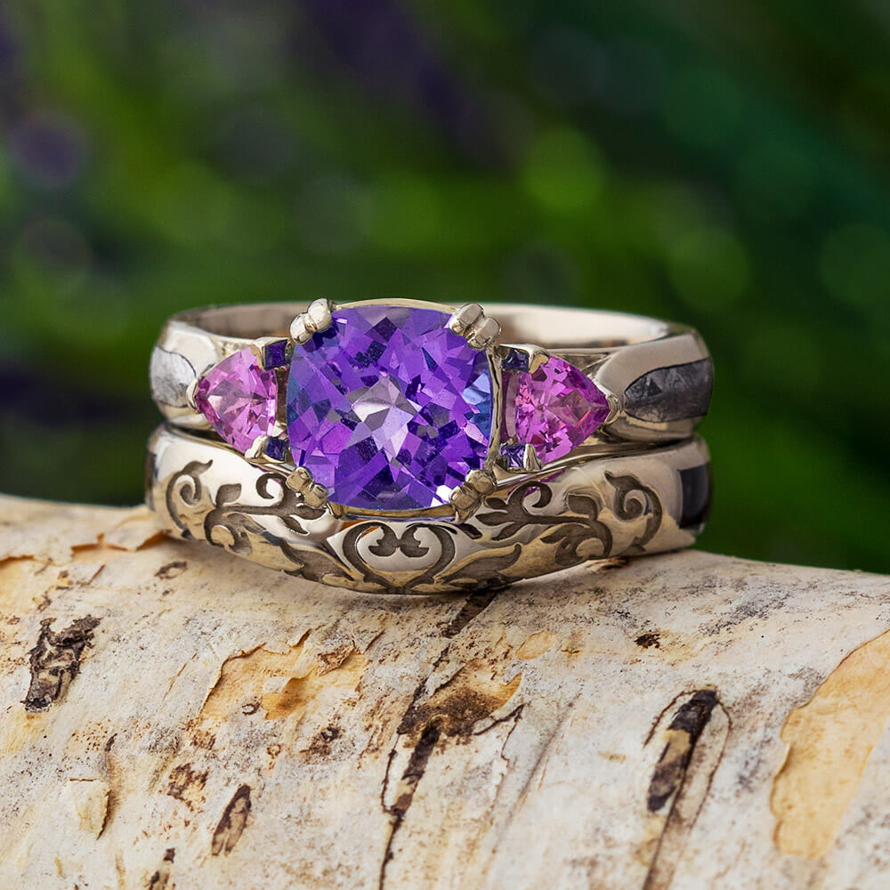 White Gold Wedding Ring Set with Amethyst, Pink Sapphire, Meteorite-1691 - Jewelry by Johan