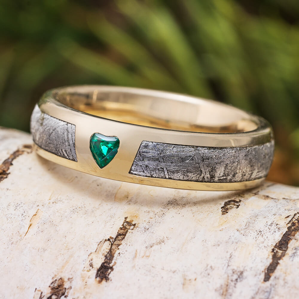 Emerald Heart Ring with Meteorite Inlays