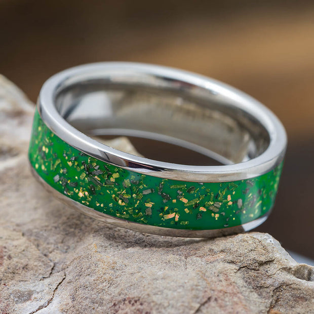 Green Meteorite Stardust Wedding Band