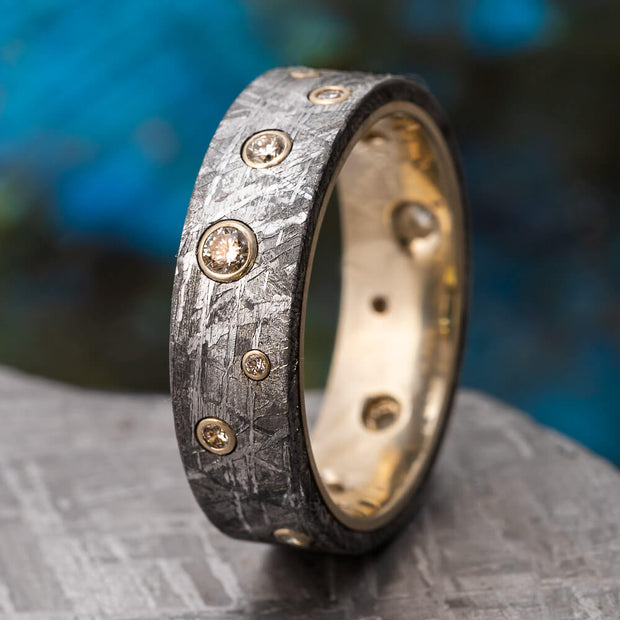 Meteorite Wedding Band With Diamonds in White Gold-1708 - Jewelry by Johan